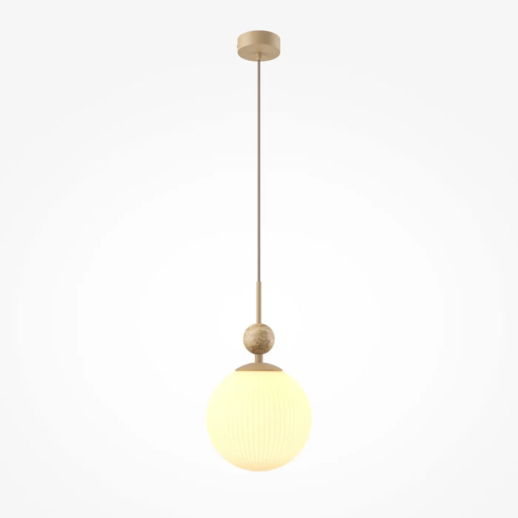 Suspension globe en verre sur base en pierre travertin