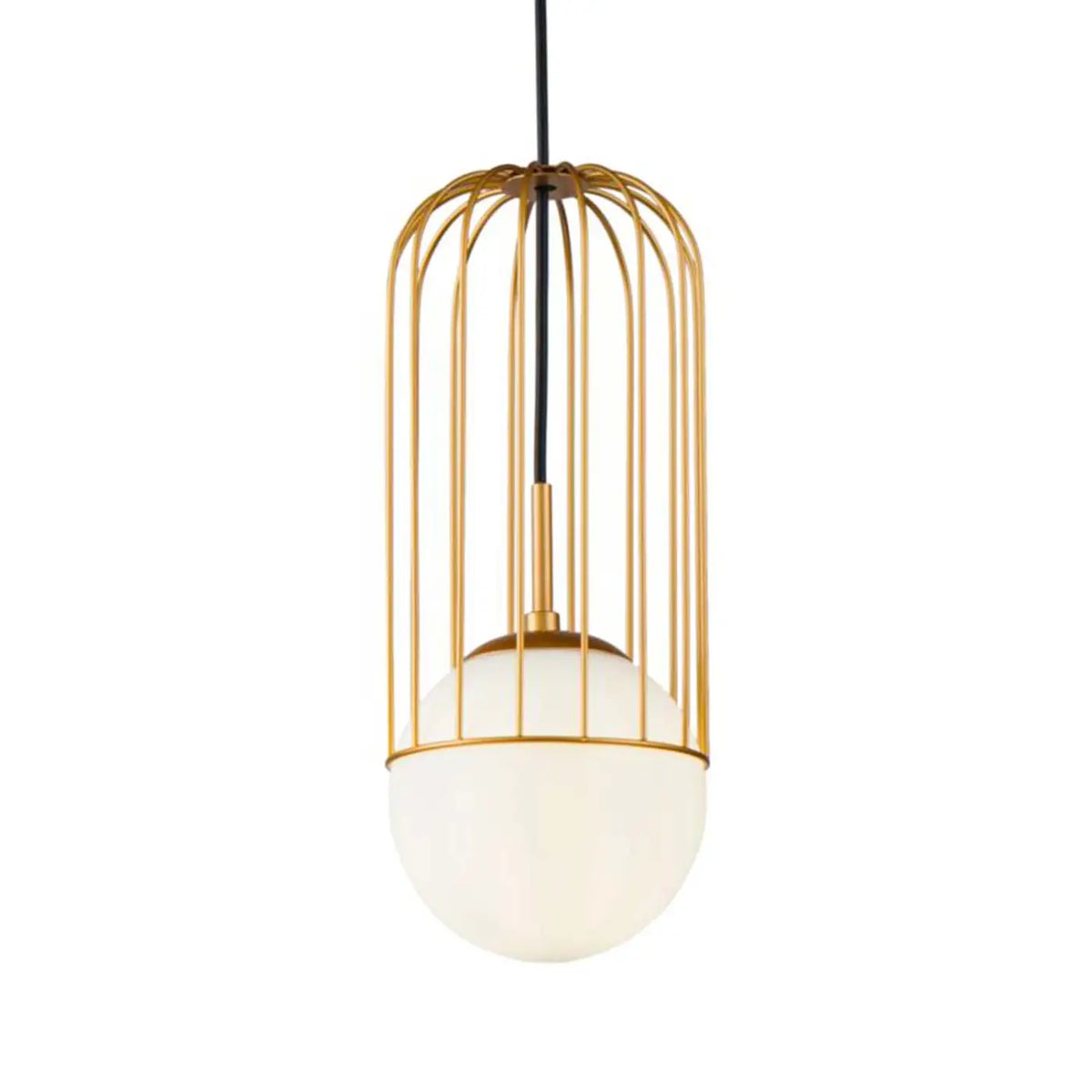 Suspension globe blanc dans une cage dorée, trois tailles