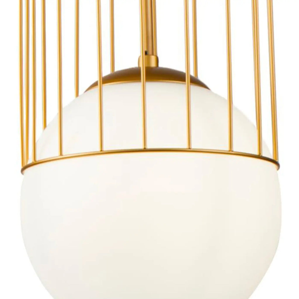 Suspension globe blanc dans une cage dorée, trois tailles