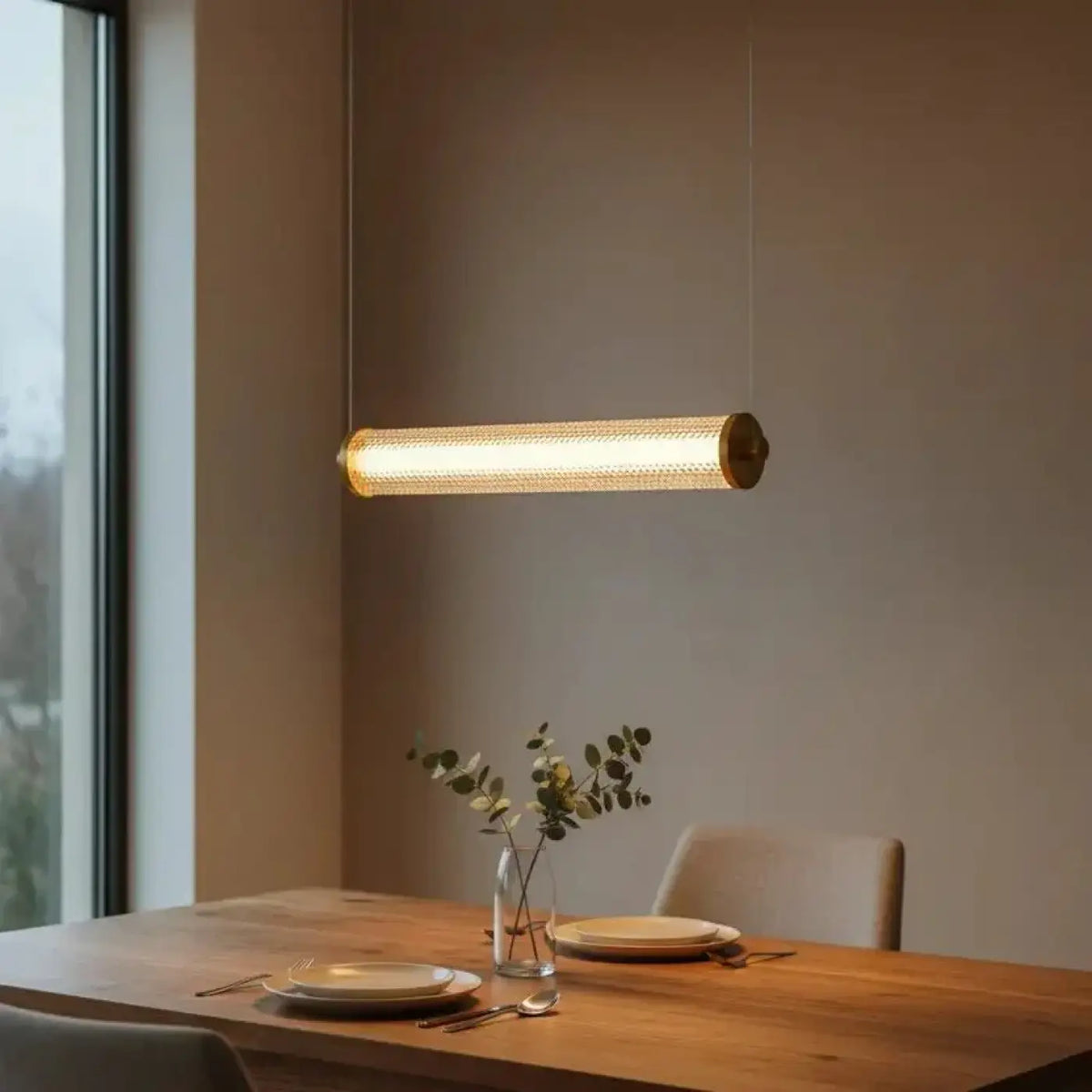 Suspension LED horizontale à finition dorée, lumière réglable