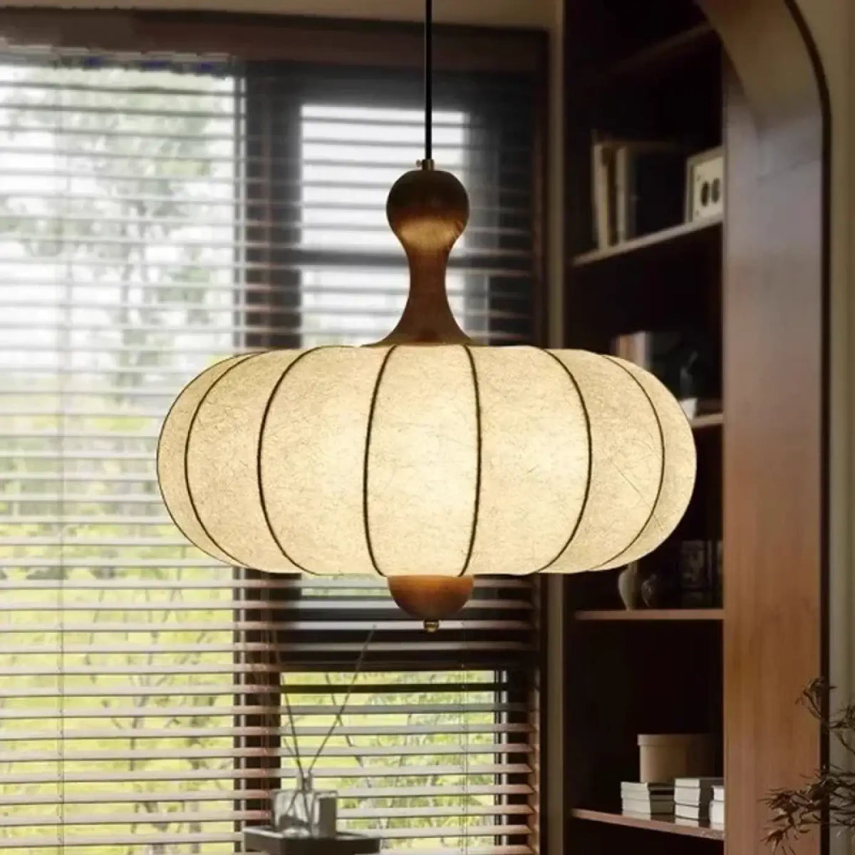Suspension japonaise en tissu plissé beige et bois, tailles S et M