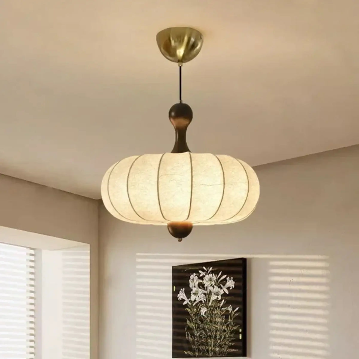 Suspension japonaise en tissu plissé beige et bois, tailles S et M
