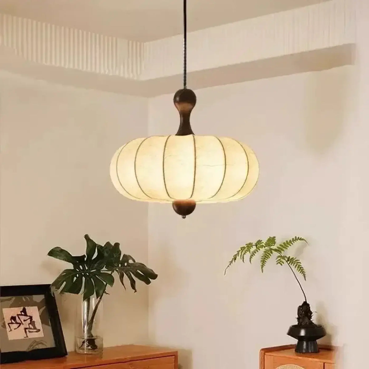 Suspension japonaise en tissu plissé beige et bois, tailles S et M