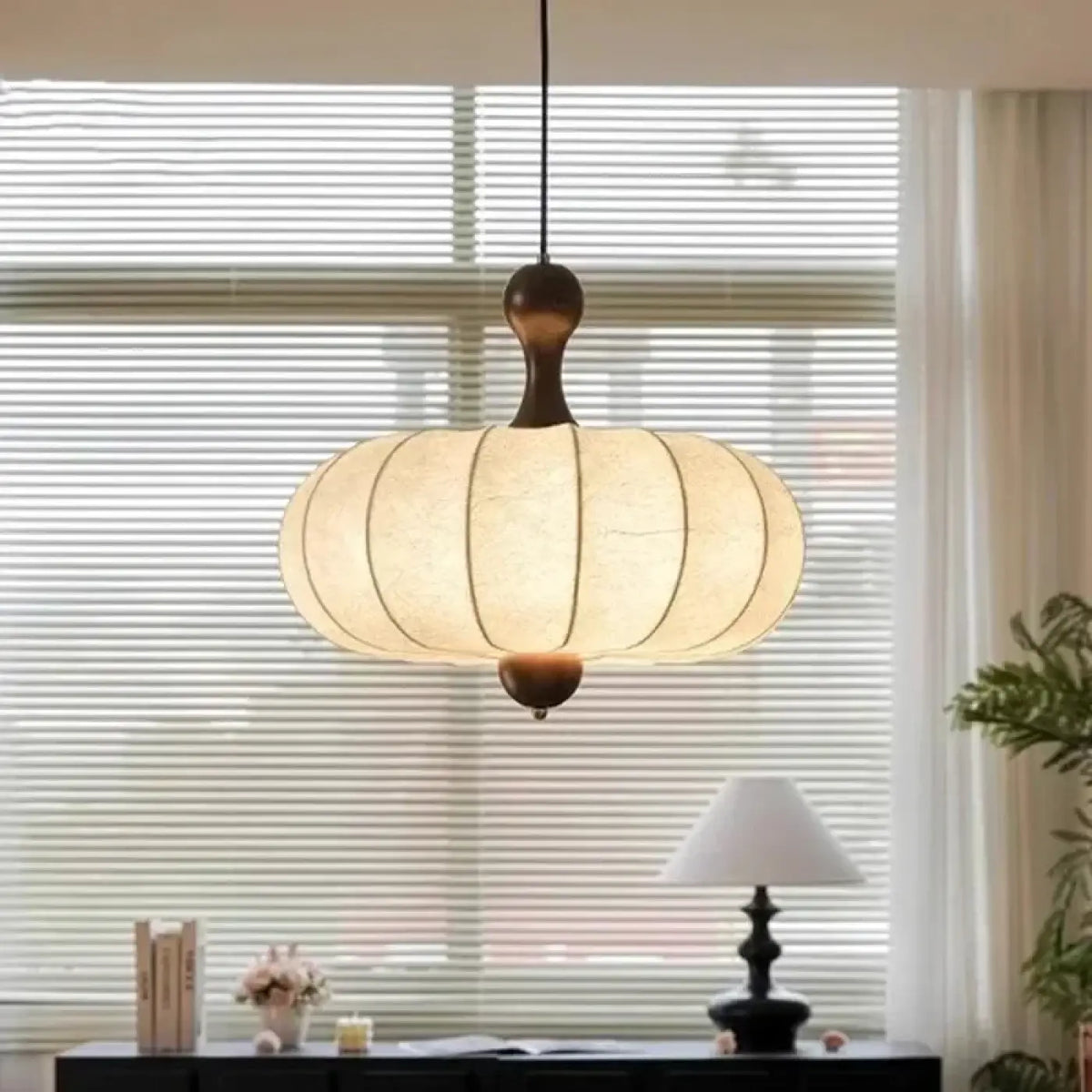 Suspension japonaise en tissu plissé beige et bois, tailles S et M