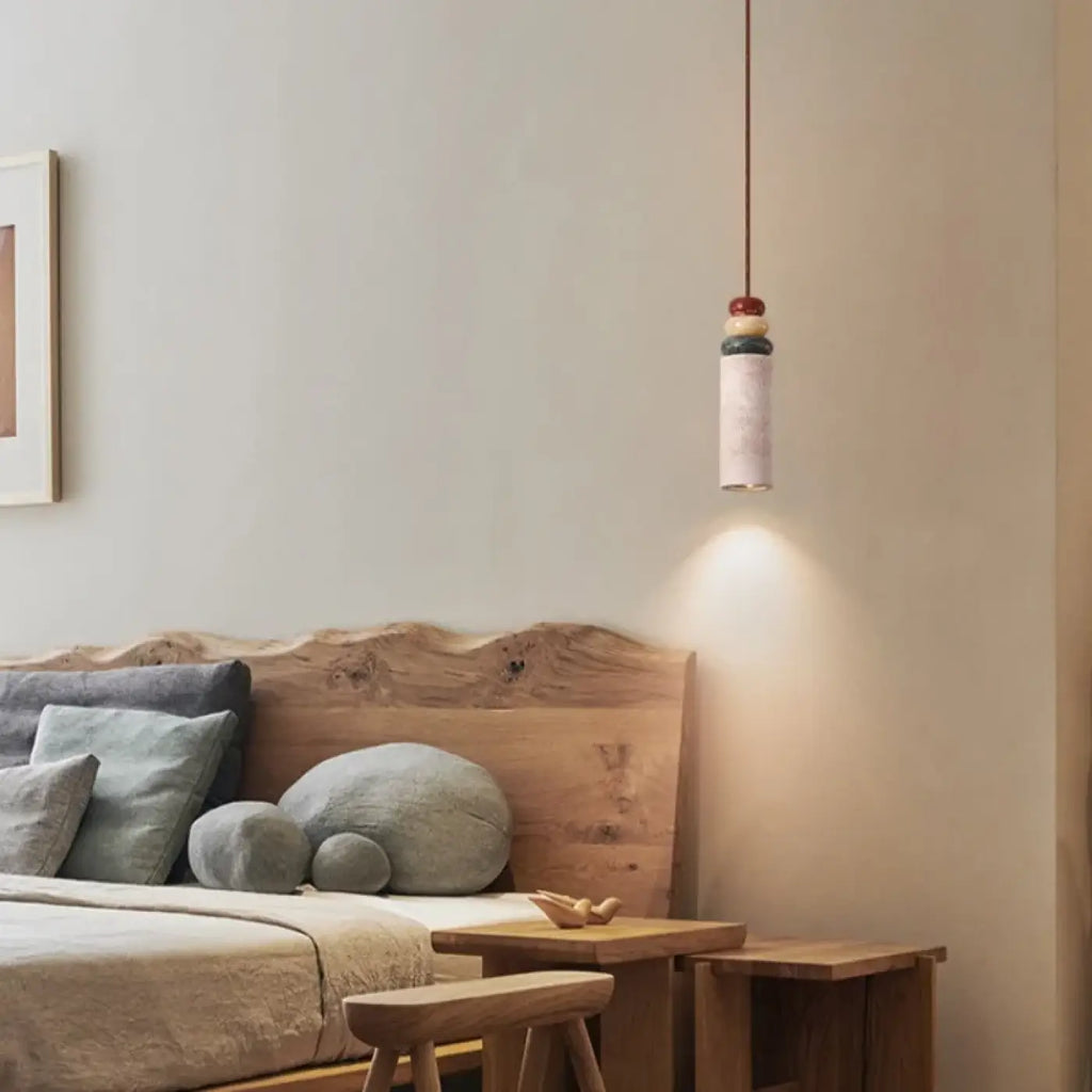 Suspension en travertin jaune et bois, tailles S et M