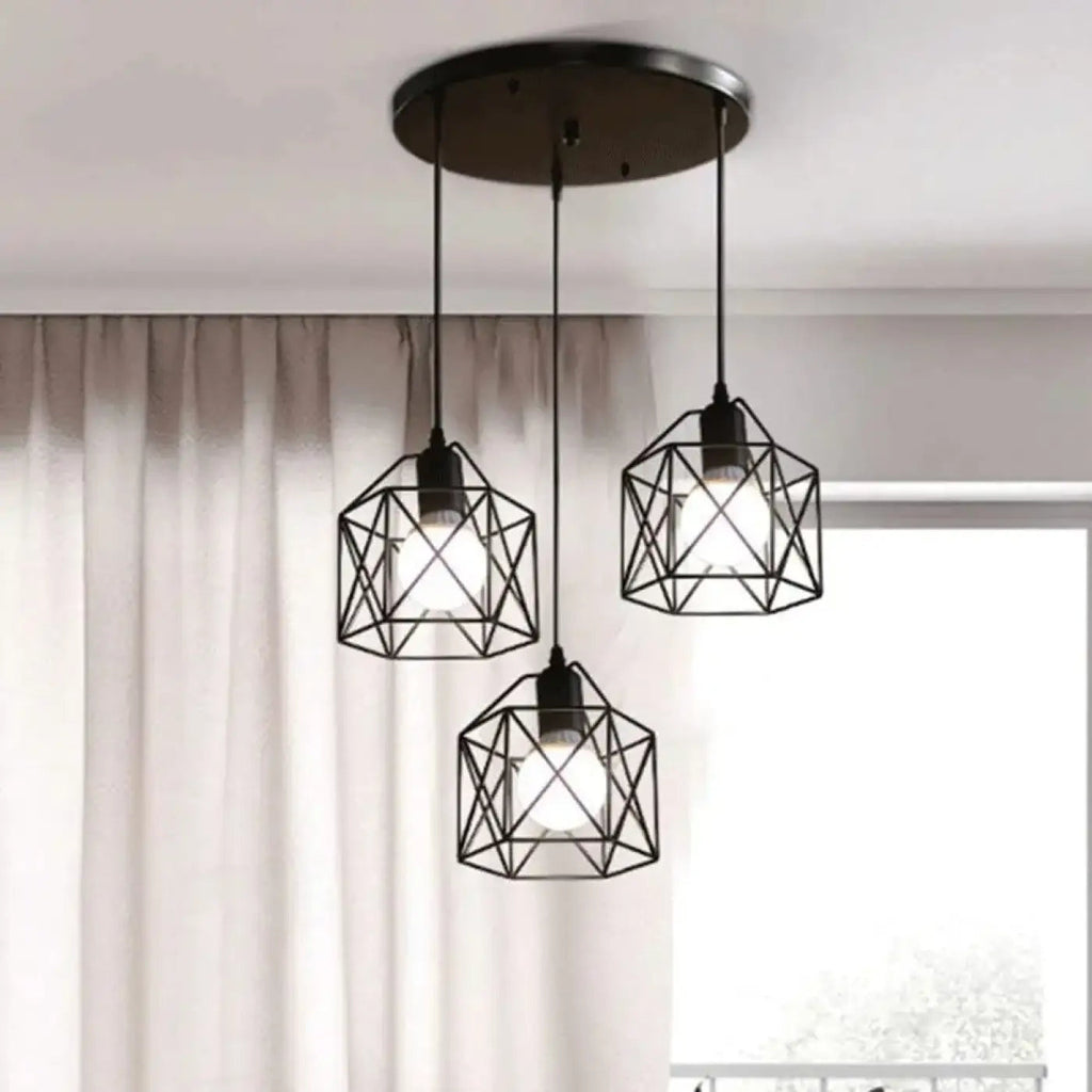 Suspension à trois cages géométriques noires, style industriel