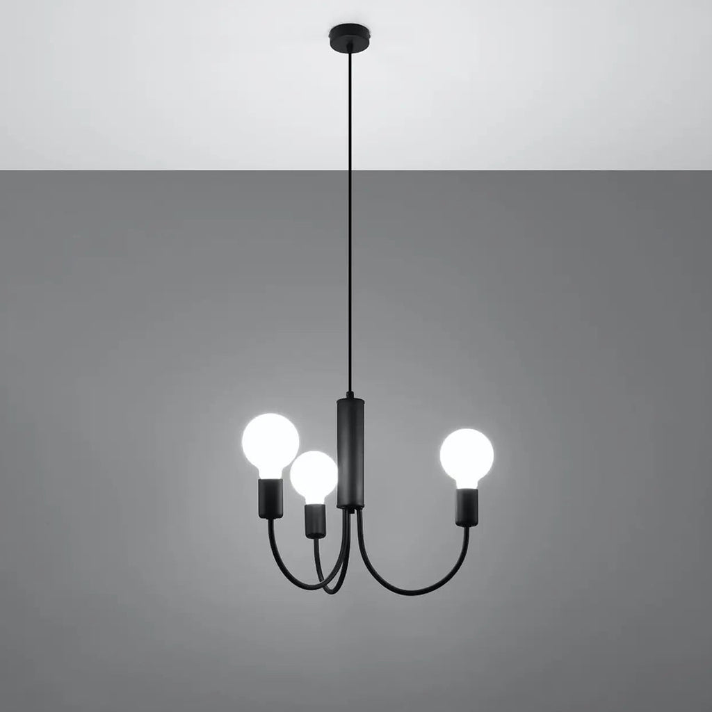 Petit lustre noir à trois bras courbés, ampoules E27 apparentes