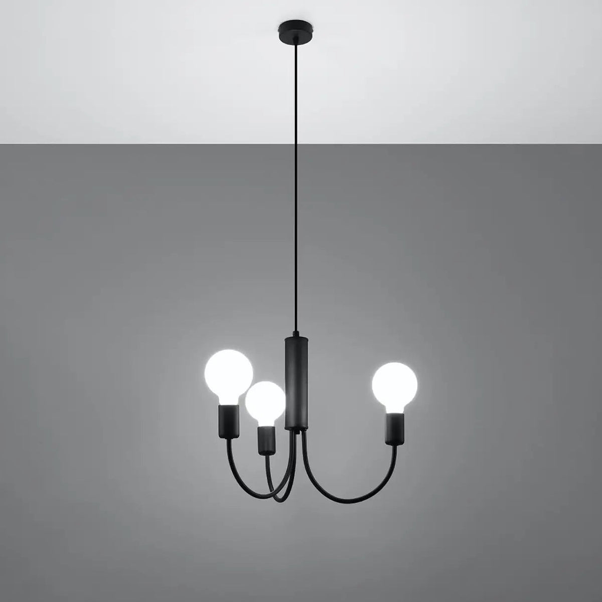 Petit lustre noir à trois bras courbés, ampoules E27 apparentes