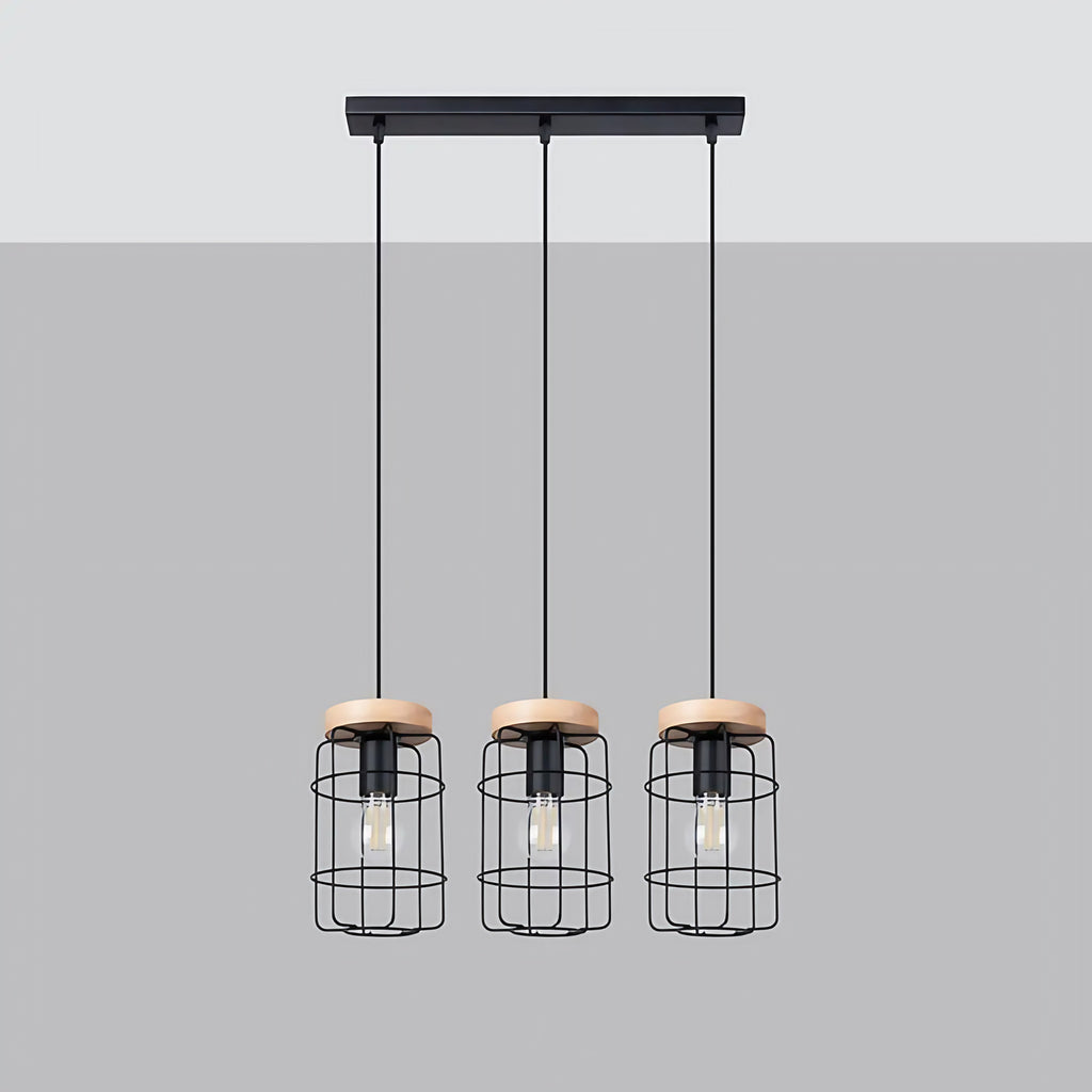 Suspension 3 cages en fil d'acier noir et bois, 60 cm