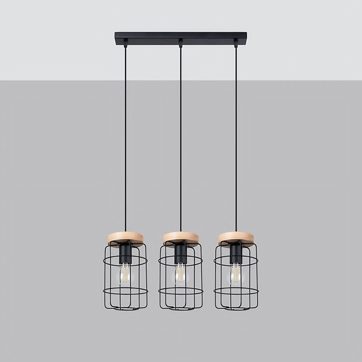 Suspension 3 cages en fil d'acier noir et bois, 60 cm