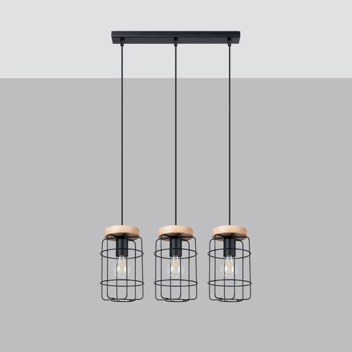 Suspension 3 cages en fil d'acier noir et bois, 60 cm