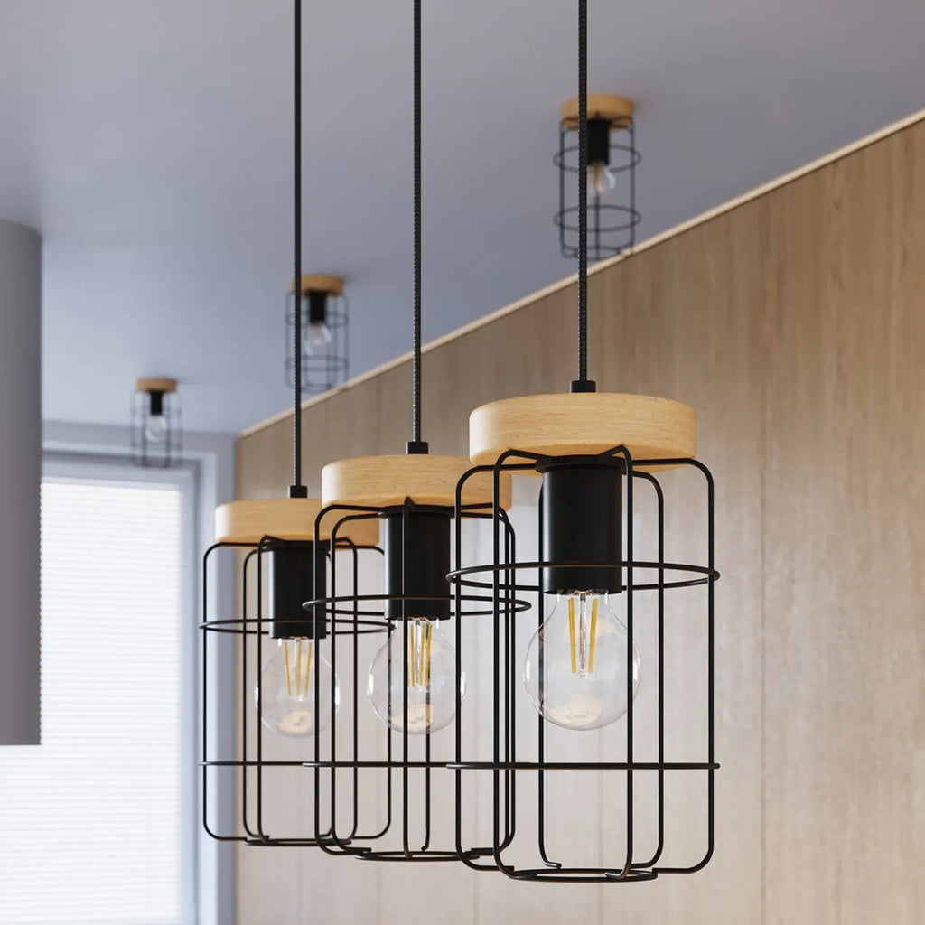 Suspension 3 cages en fil d'acier noir et bois, 60 cm