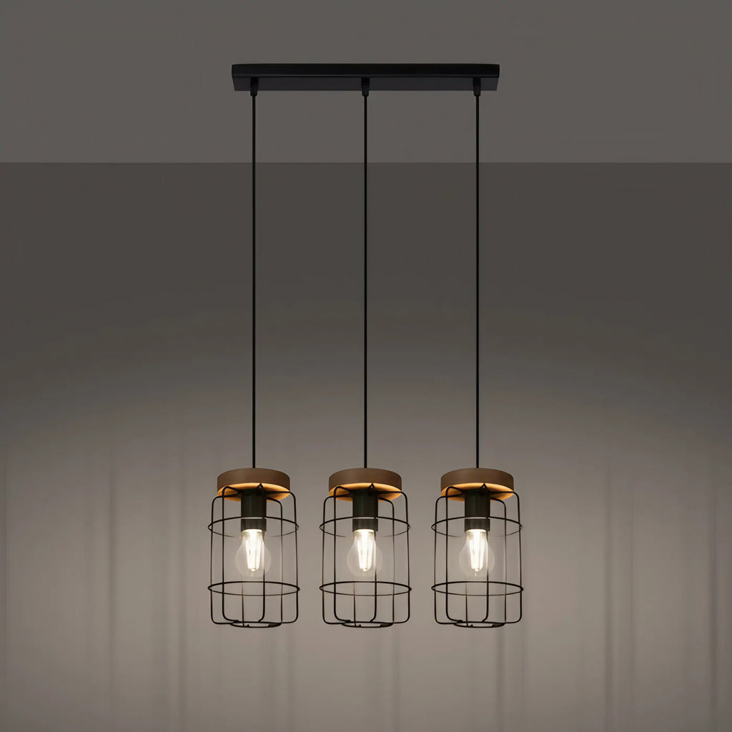 Suspension 3 cages en fil d'acier noir et bois, 60 cm