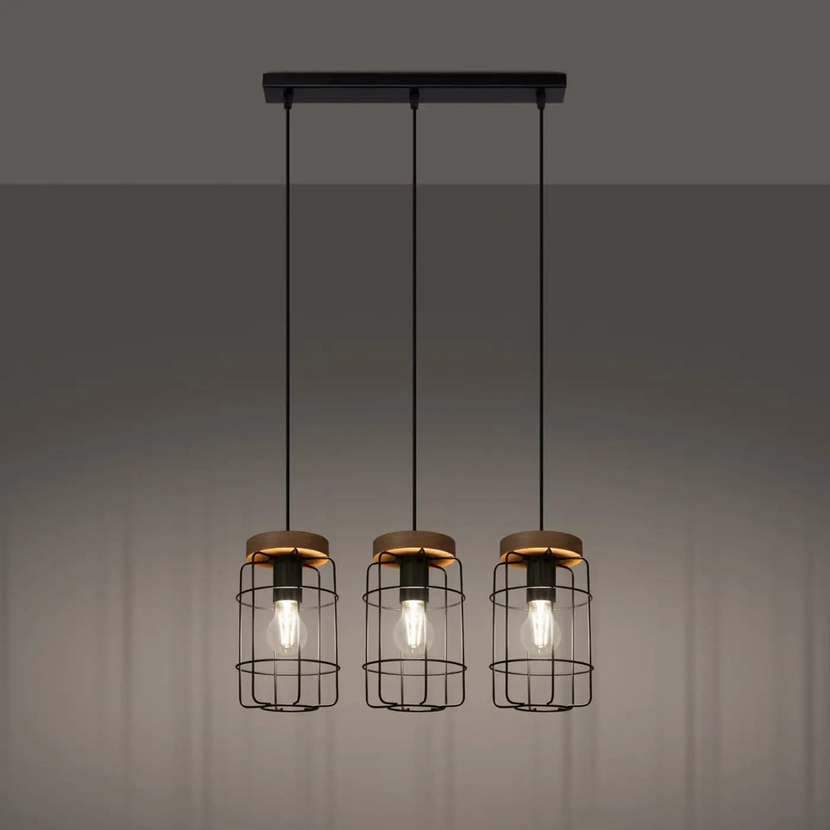 Suspension 3 cages en fil d'acier noir et bois, 60 cm