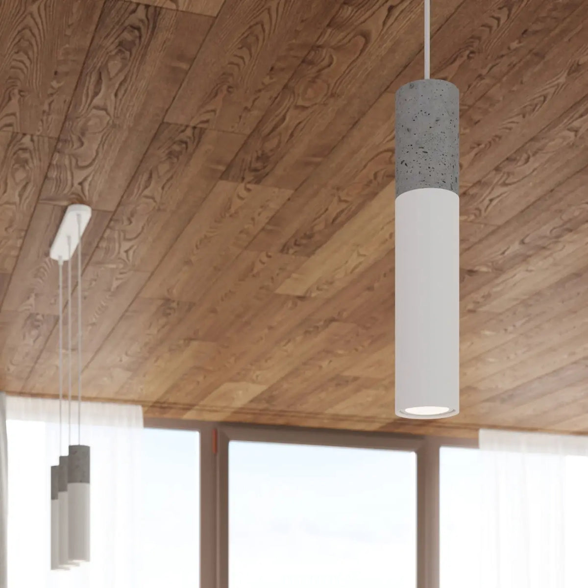 Suspension tube en béton gris et acier blanc ou noir, GU10