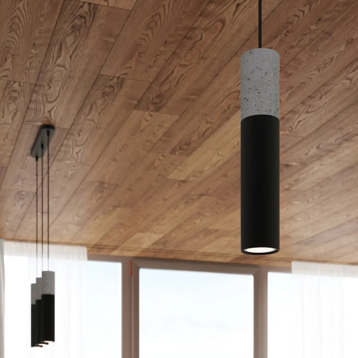 Suspension tube en béton gris et acier blanc ou noir, GU10