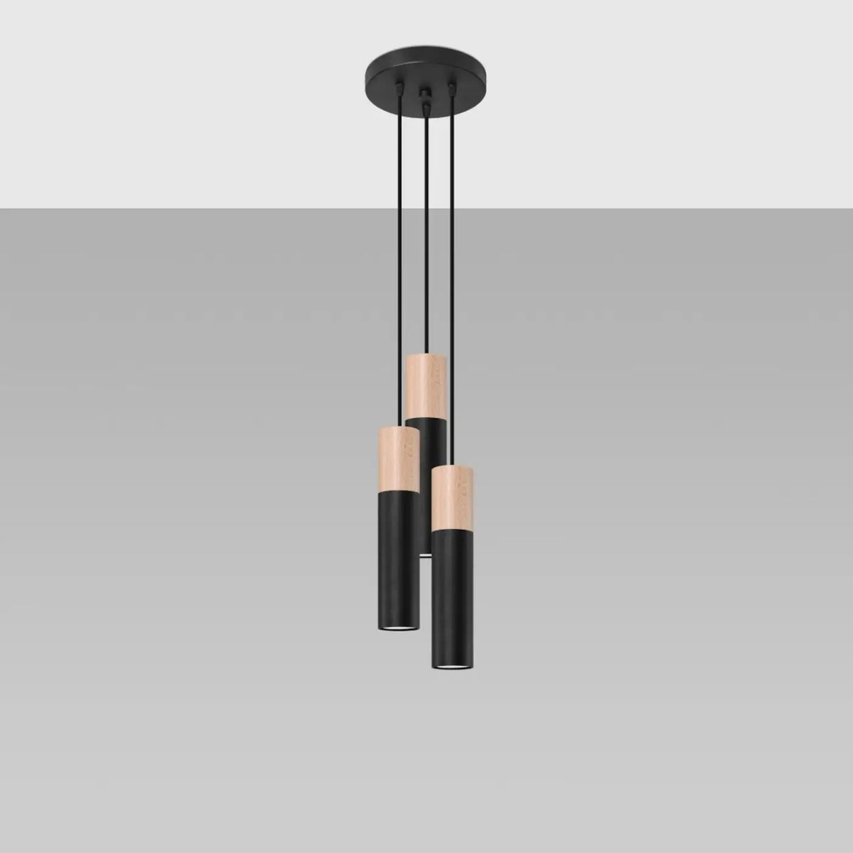 Suspension tube en acier avec manchon en bois, 1 à 3 lumières, noir/bois naturel