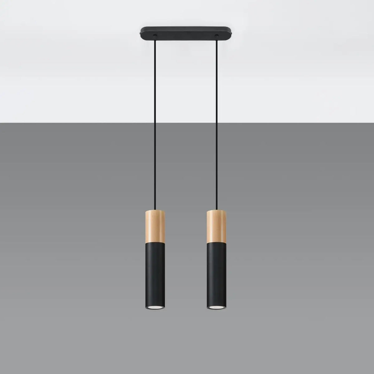 Suspension tube en acier avec manchon en bois, 1 à 3 lumières, noir/bois naturel
