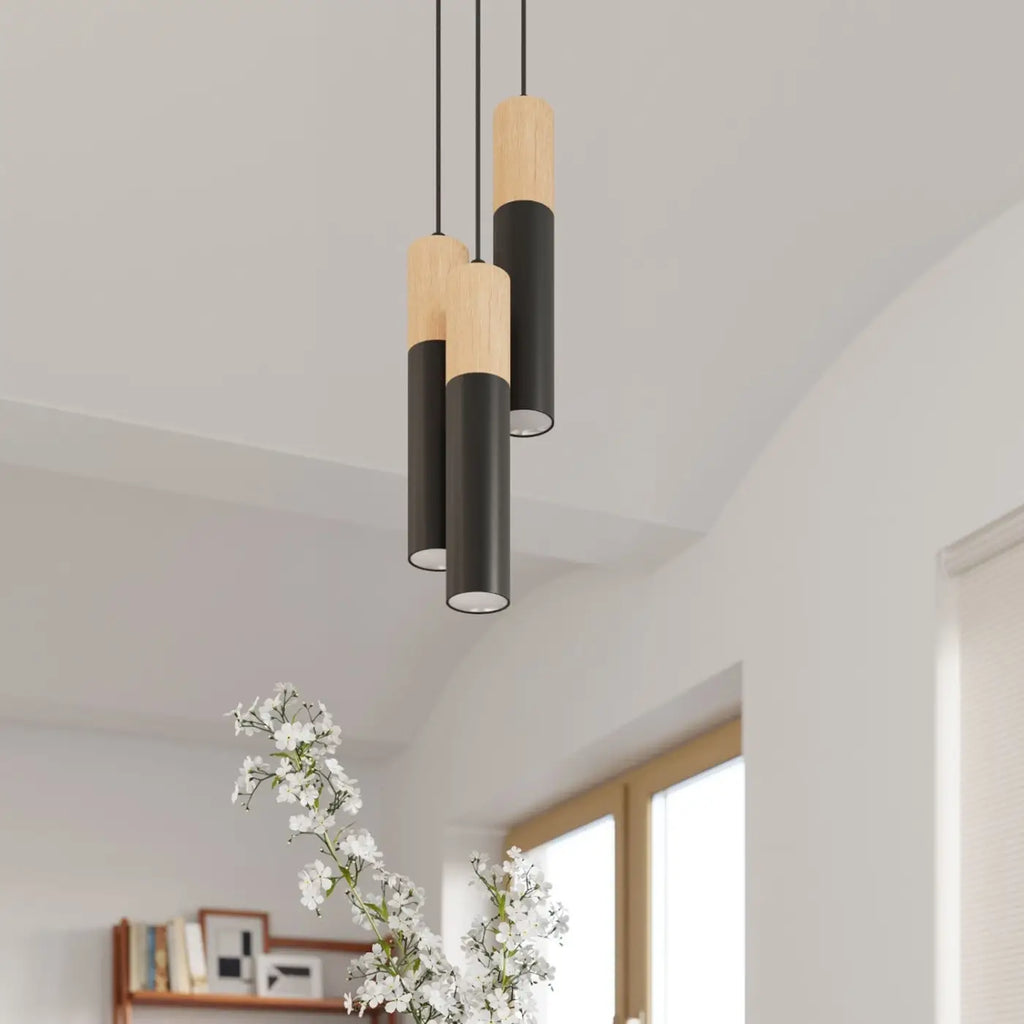 Suspension tube en acier avec manchon en bois, 1 à 3 lumières