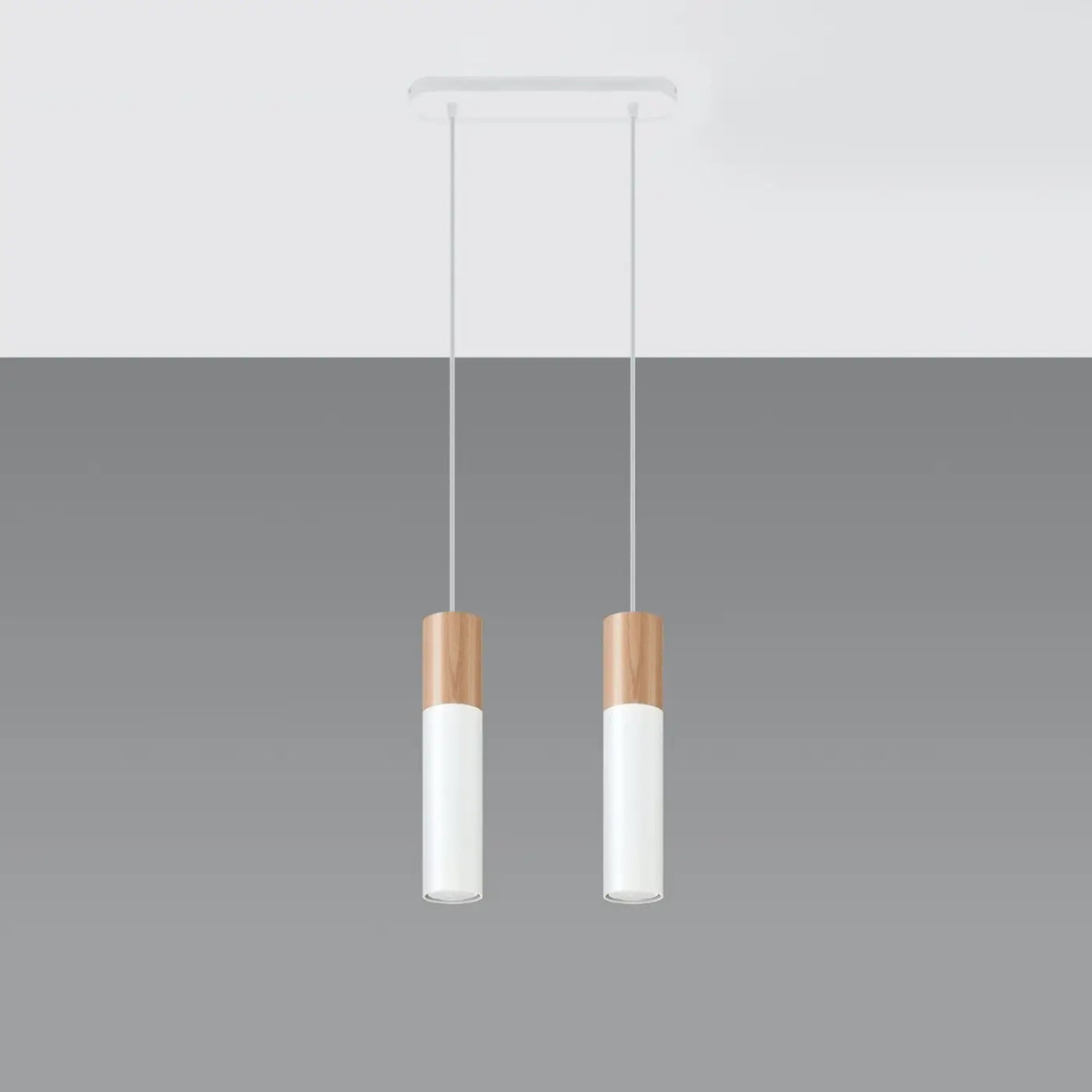 Suspension tube en acier avec manchon en bois, 1 à 3 lumières, blanc/bois naturel