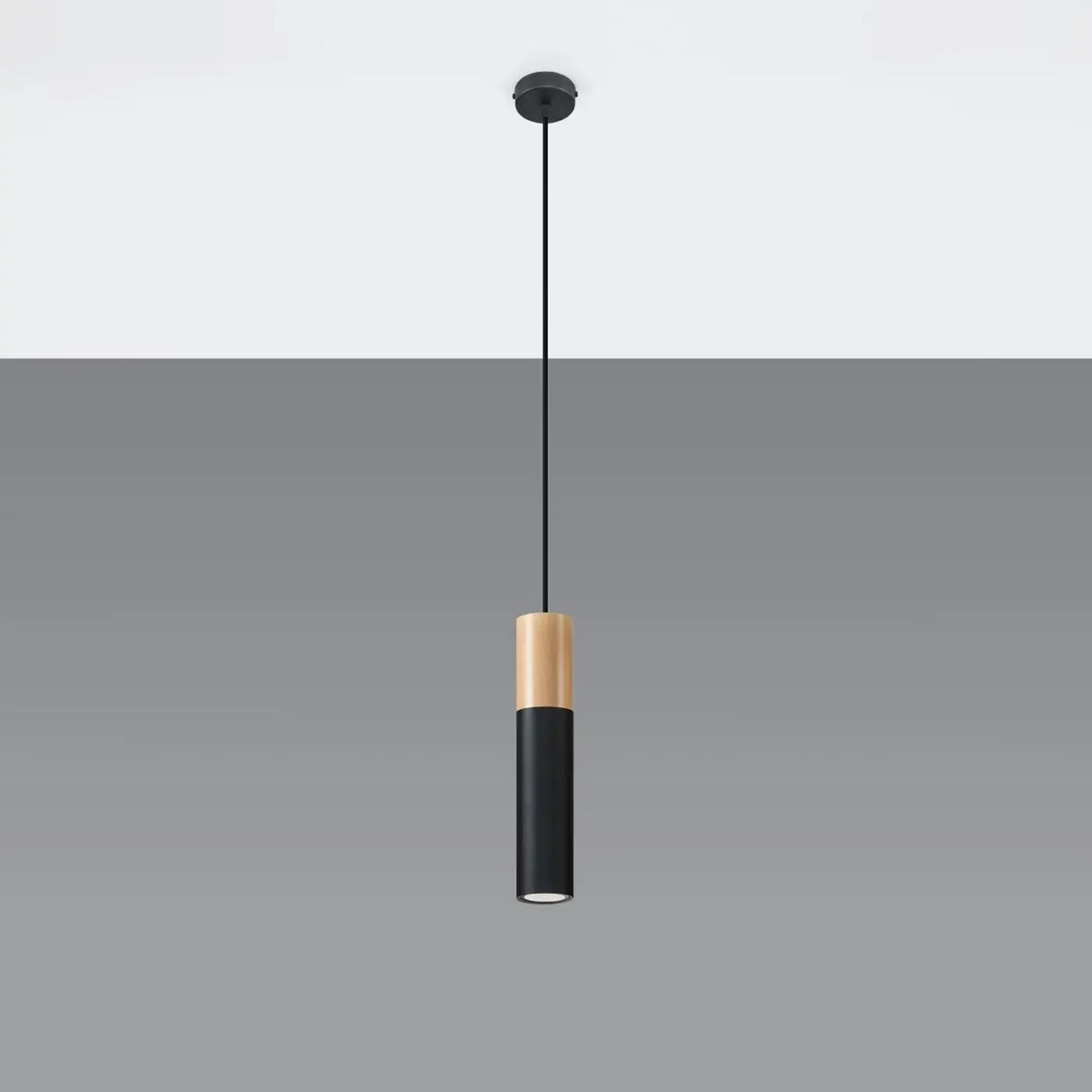 Suspension tube en acier avec manchon en bois, 1 à 3 lumières, noir/bois naturel