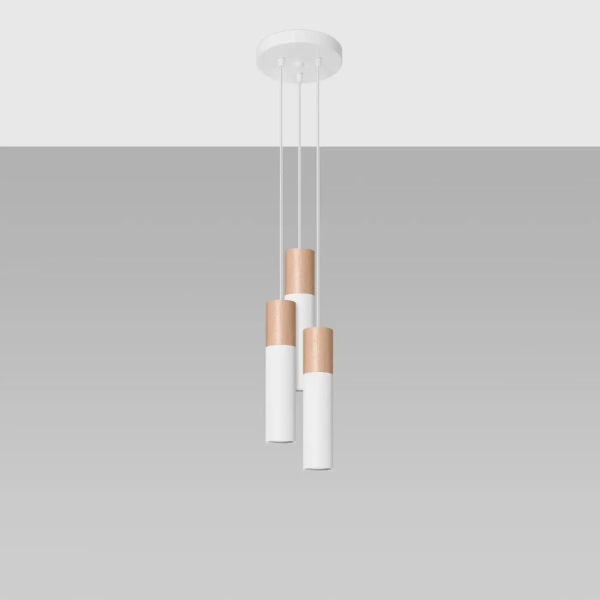 Suspension tube en acier avec manchon en bois, 1 à 3 lumières, blanc/bois naturel