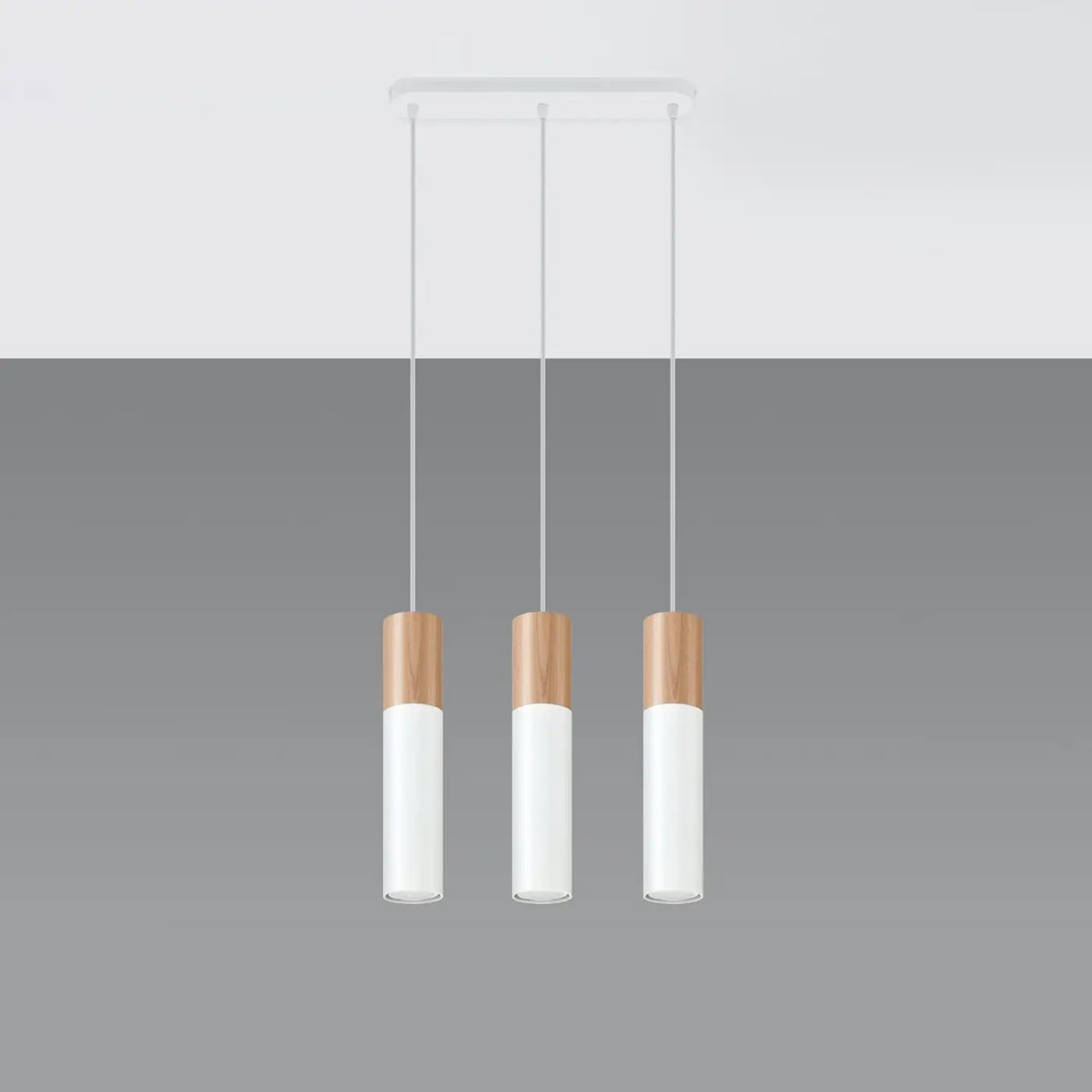 Suspension tube en acier avec manchon en bois, 1 à 3 lumières, blanc/bois naturel