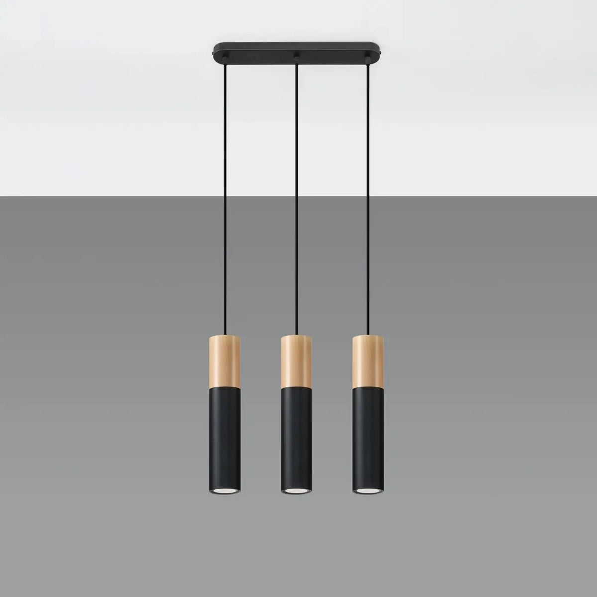 Suspension tube en acier avec manchon en bois, 1 à 3 lumières, noir/bois naturel