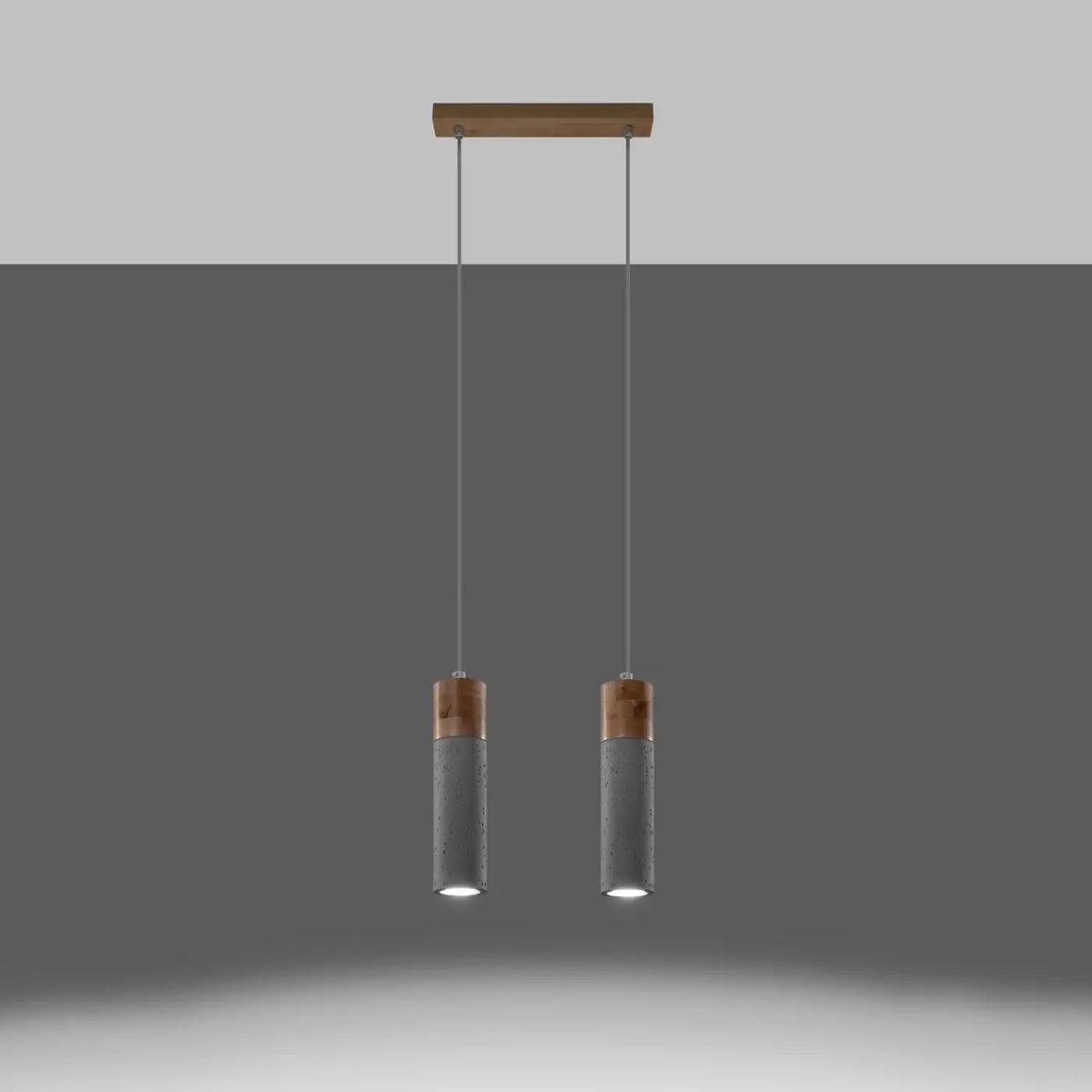 Suspension tube en béton gris et bois, 1, 2 ou 3 lumières