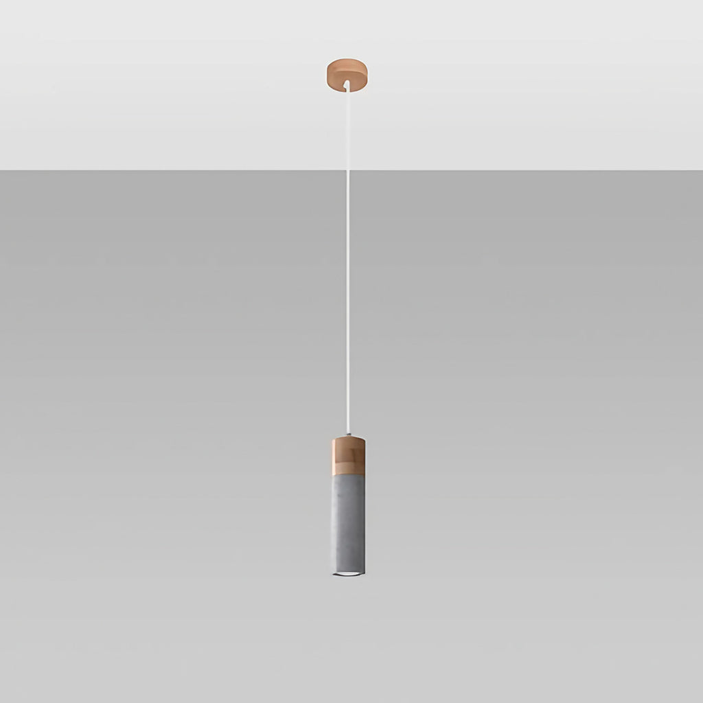Suspension tube en béton gris et bois, 1, 2 ou 3 lumières