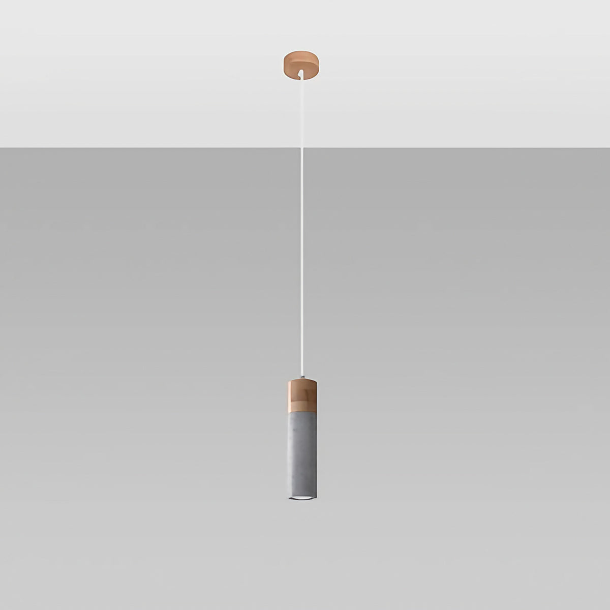 Suspension tube en béton gris et bois, 1, 2 ou 3 lumières