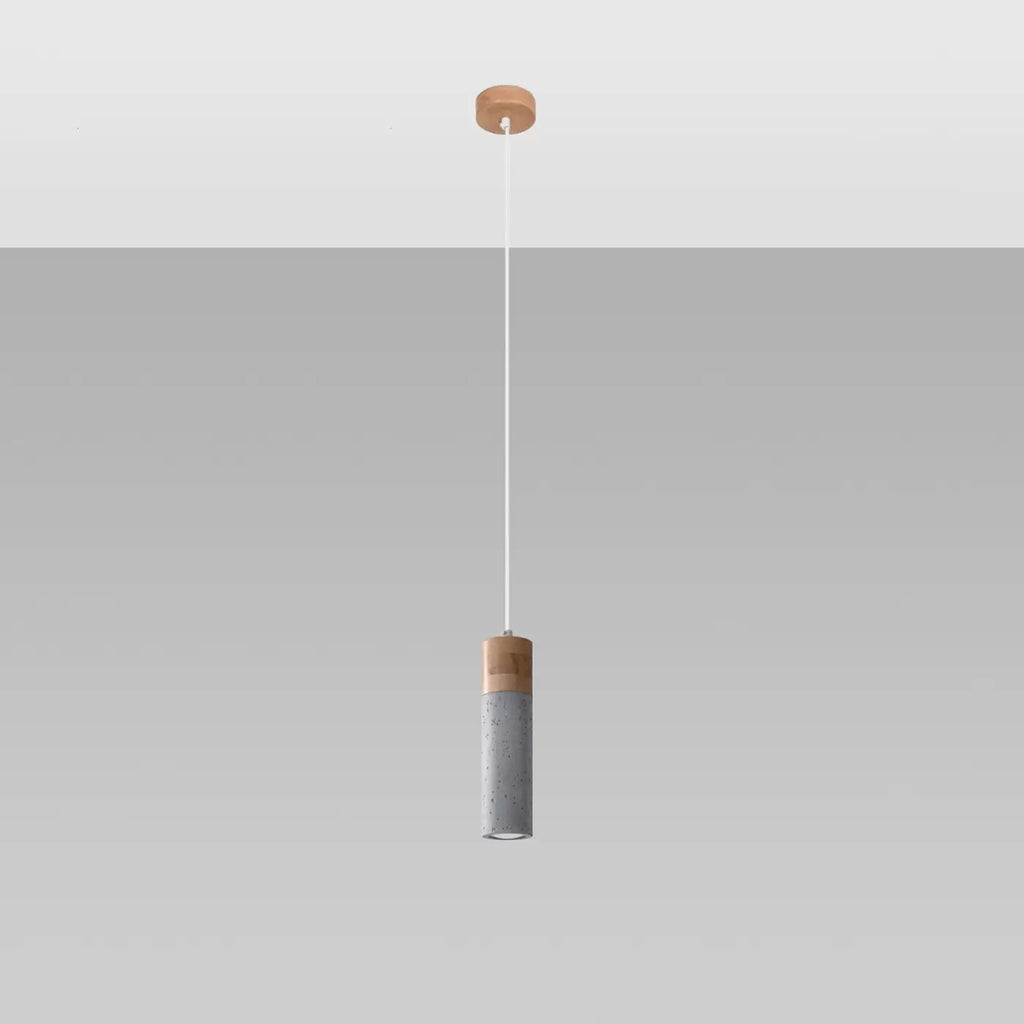 Suspension tube en béton gris et bois, 1, 2 ou 3 lumières