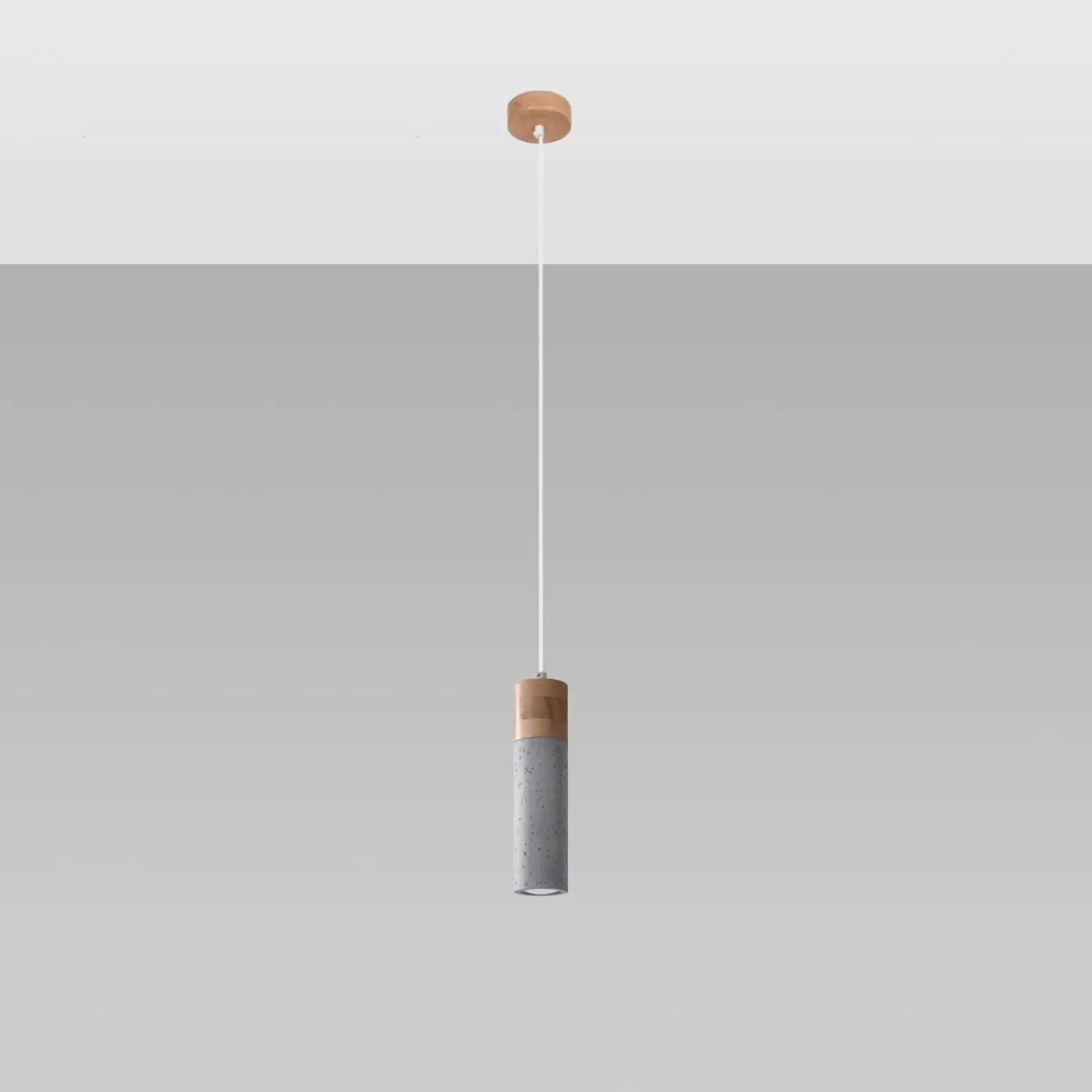 Suspension tube en béton gris et bois, 1, 2 ou 3 lumières