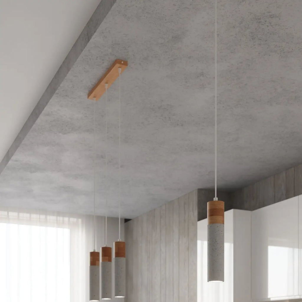 Suspension tube en béton gris et bois, 1, 2 ou 3 lumières