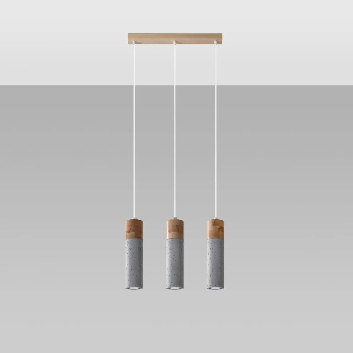 Suspension tube en béton gris et bois, 1, 2 ou 3 lumières