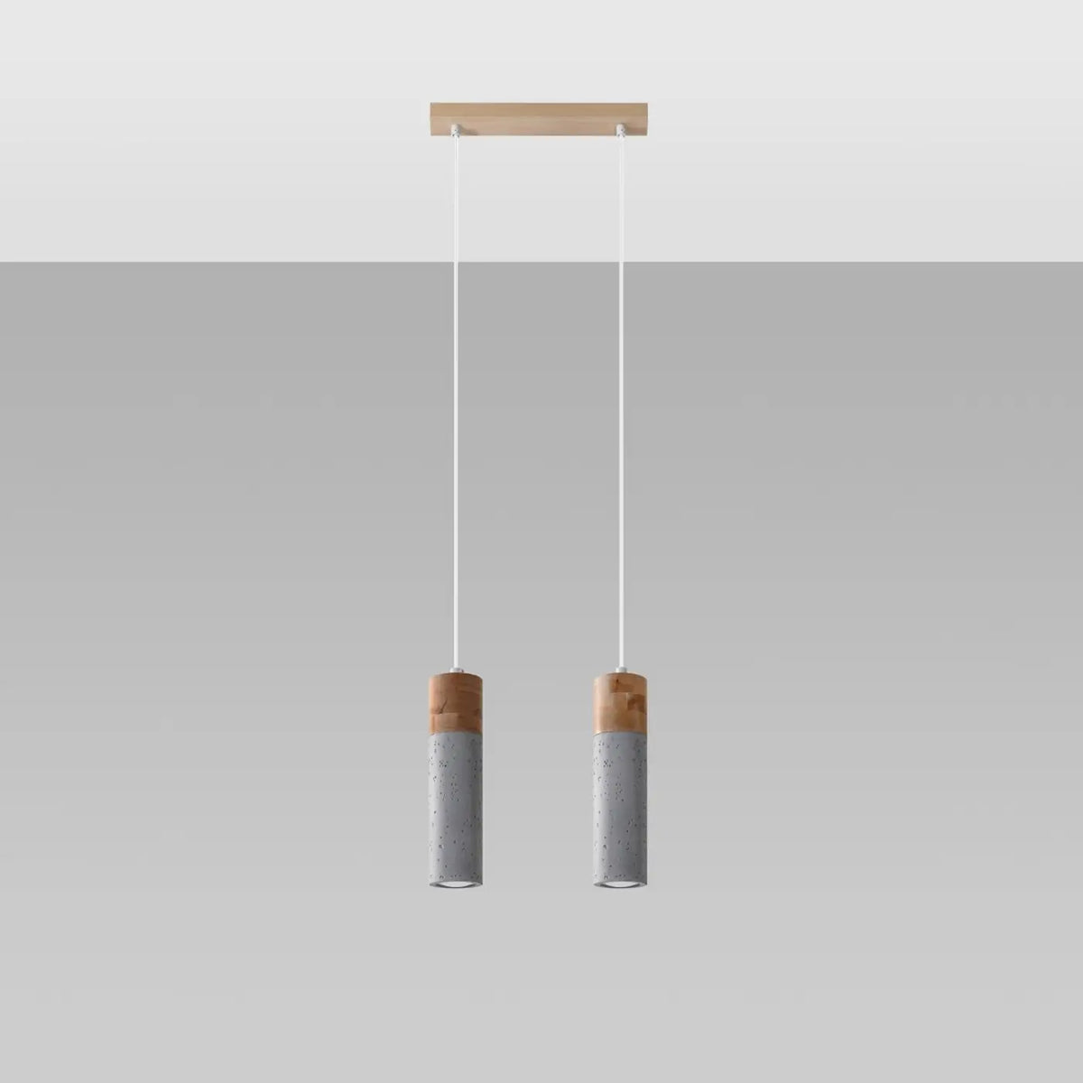 Suspension tube en béton gris et bois, 1, 2 ou 3 lumières