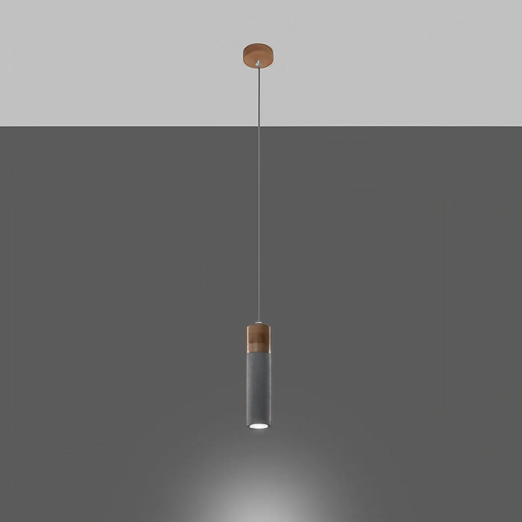 Suspension tube en béton gris et bois, 1, 2 ou 3 lumières