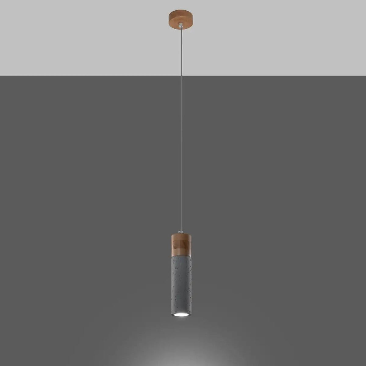 Suspension tube en béton gris et bois, 1, 2 ou 3 lumières