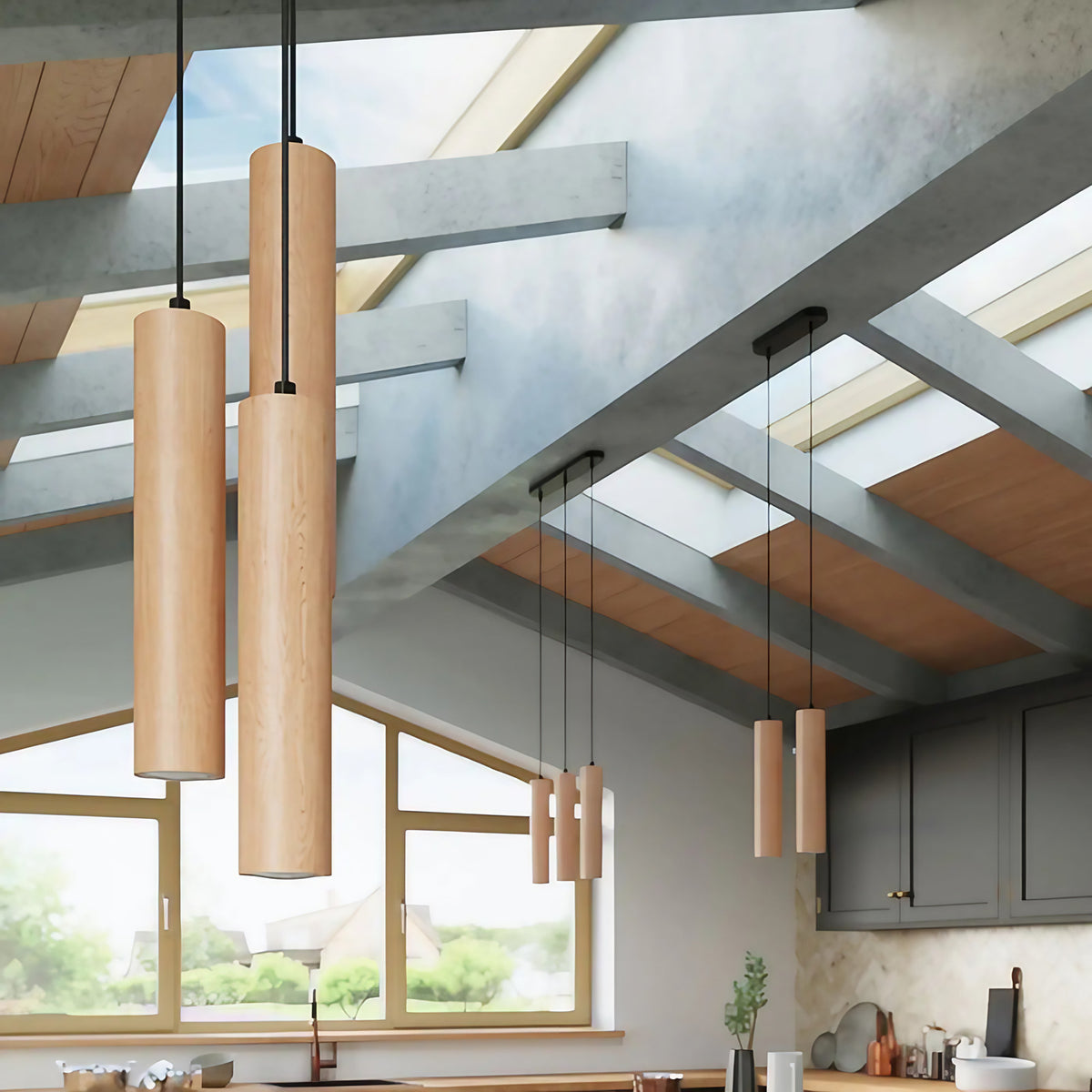 Suspension tube en bois naturel, de 1 à 3 sources GU10