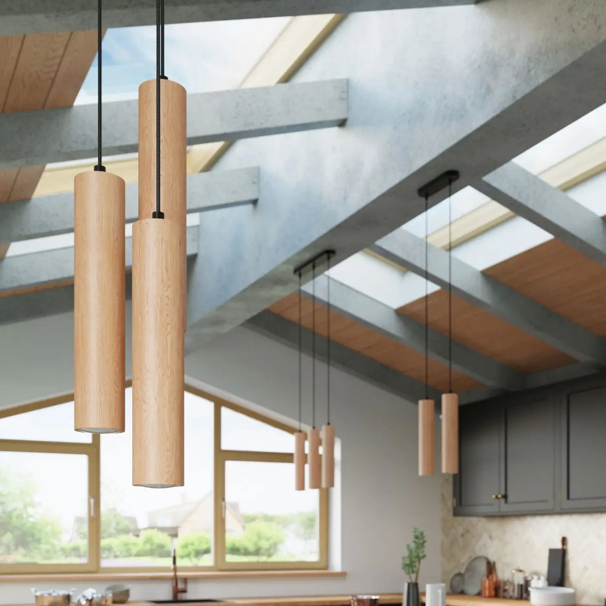 Suspension tube en bois naturel, de 1 à 3 sources GU10
