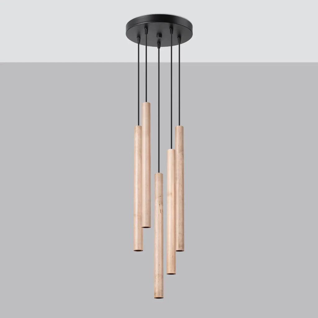 Suspension à tubes fins colorés, de 1 à 5 lumières, 18 teintes, bois naturel