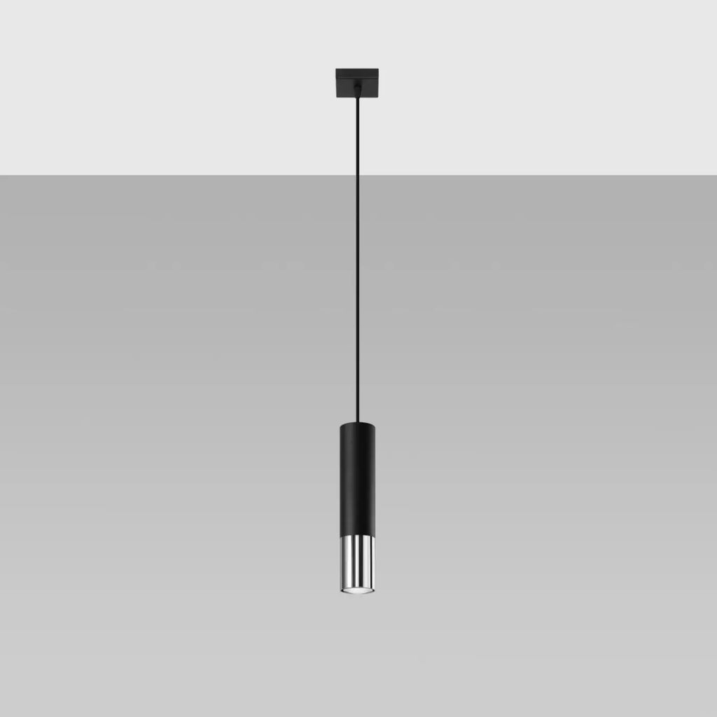 Suspension tube en acier noir mat, bague chromée, cuivre ou dorée, noir/chromé