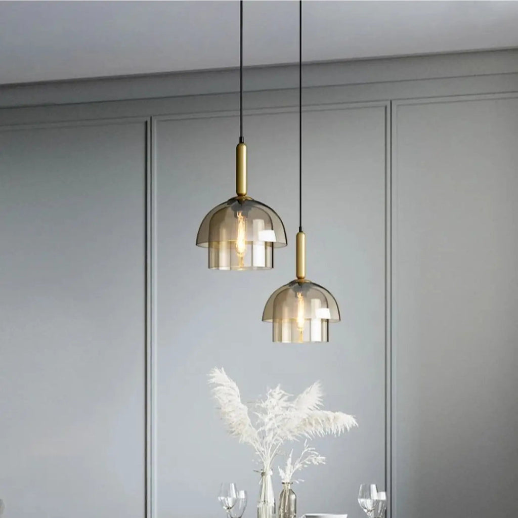 Suspension art déco en verre fumé et laiton, deux modèles