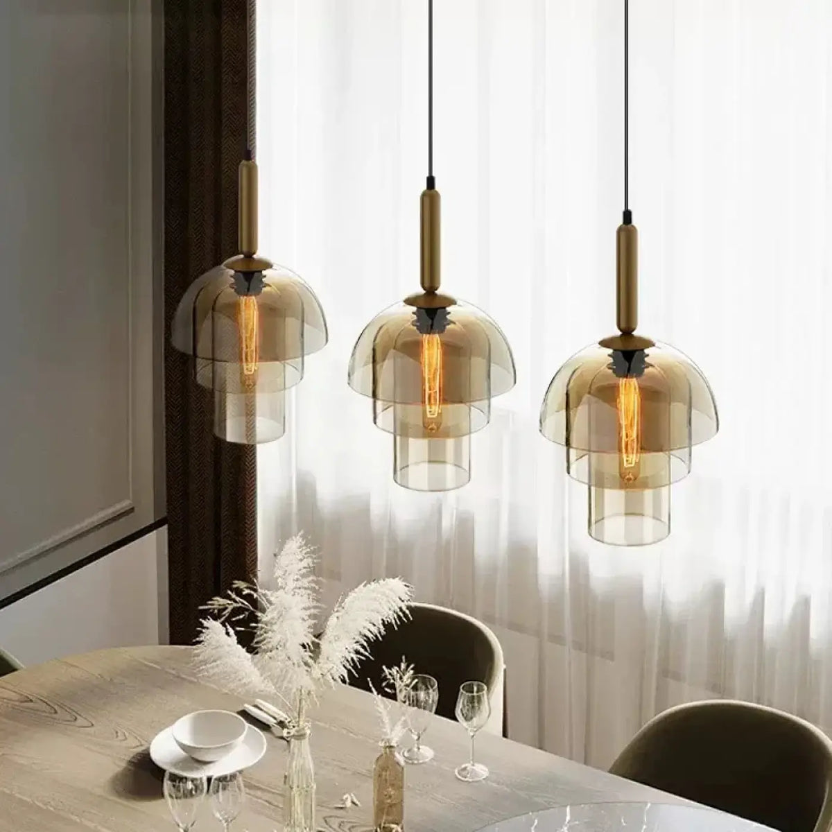 Suspension art déco en verre fumé et laiton, deux modèles
