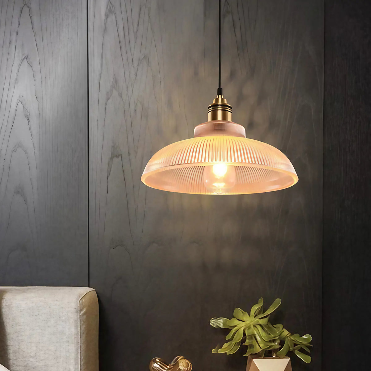 Suspension vintage en verre strié, ampoule apparente