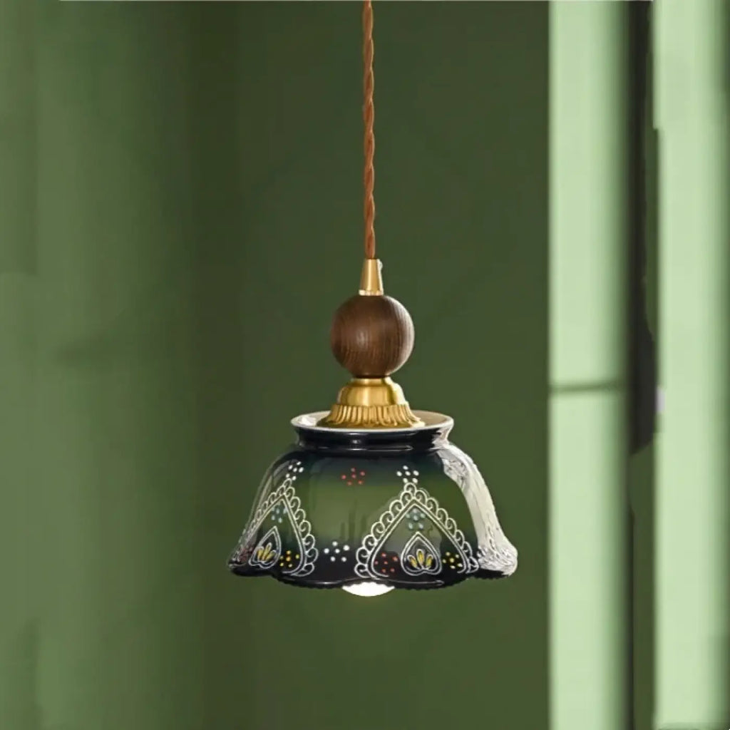 Suspension vintage en céramique verte et bois