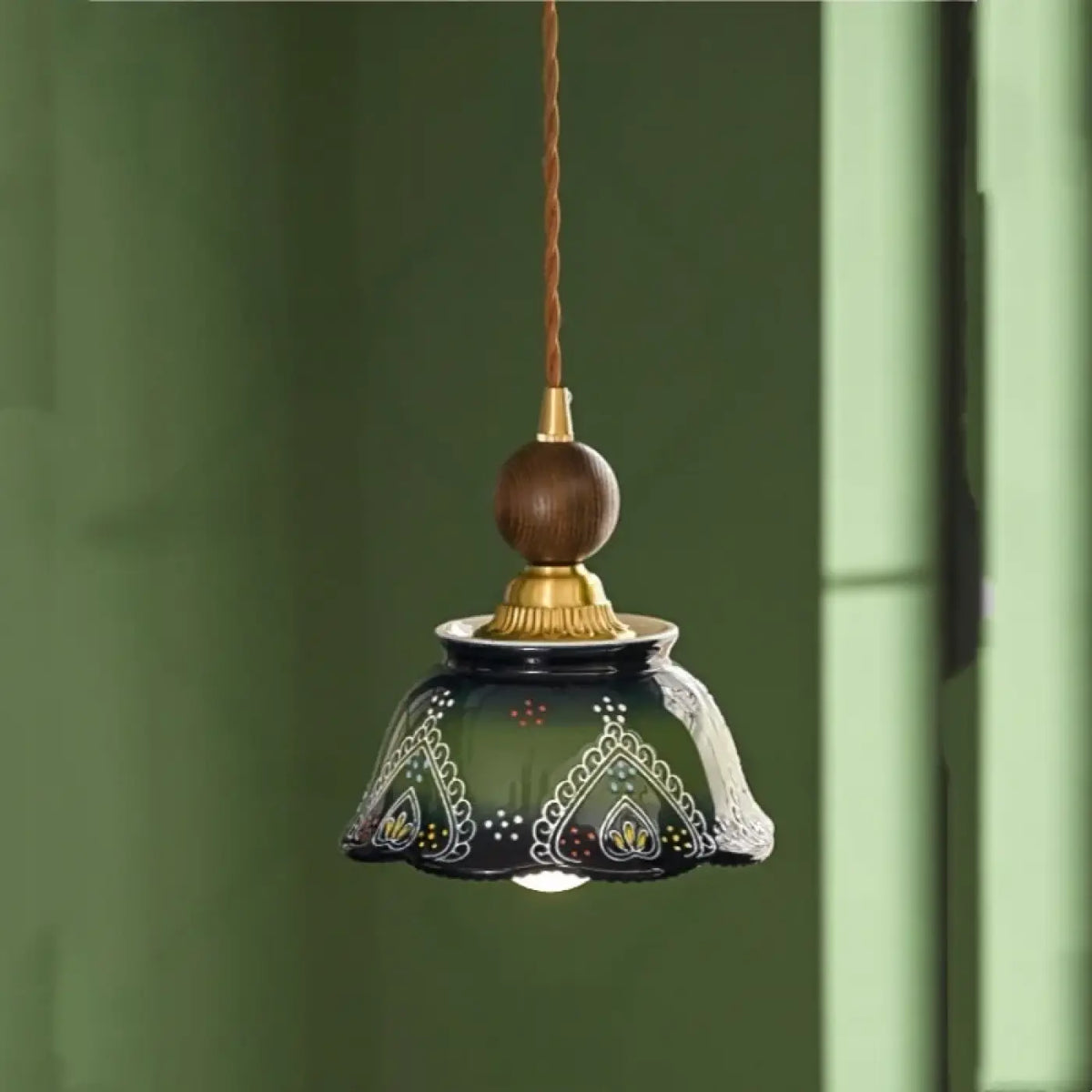 Suspension vintage en céramique verte et bois