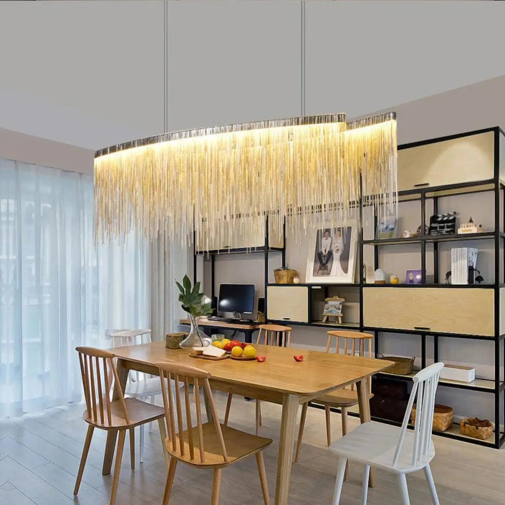 Suspension design à franges en aluminium, argentée ou rose, argenté