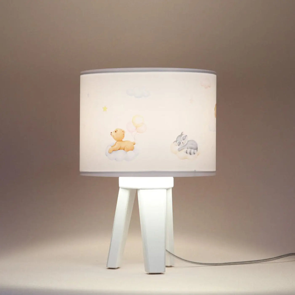 Lampe de chevet enfant faon sur un nuage, pied en bois