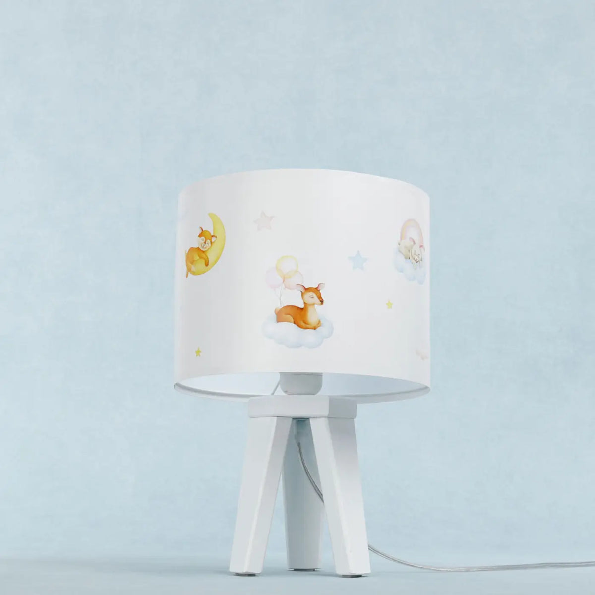 Lampe de chevet enfant faon sur un nuage, pied en bois